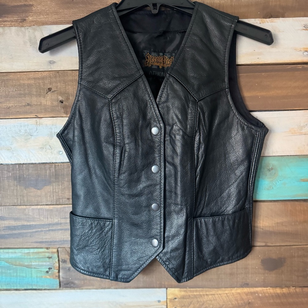 Street & Steel Athena Women’s Genuine Black Leather Moto Biker Vest | Size XS